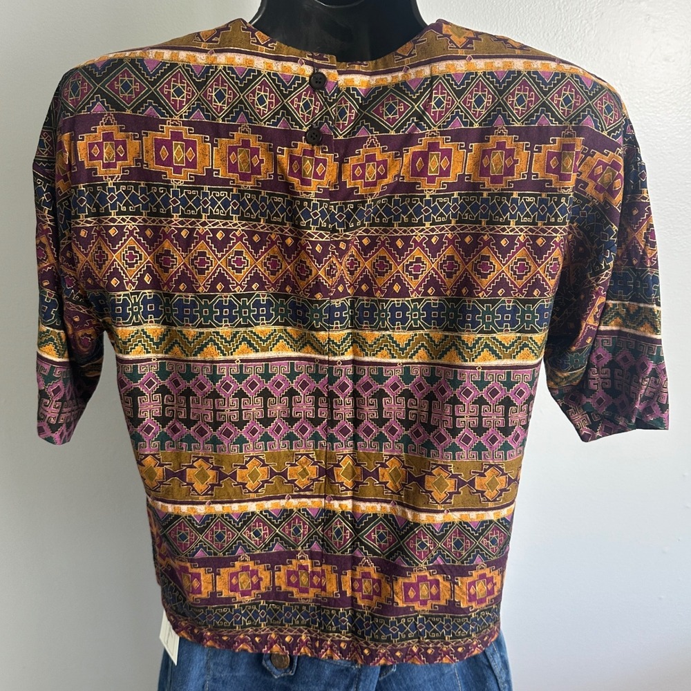 Vintage 90s Lee Winter Petites Rayon Top Tribal Aztec Geo Print Size‎ S Petite - Picture 3 of 6